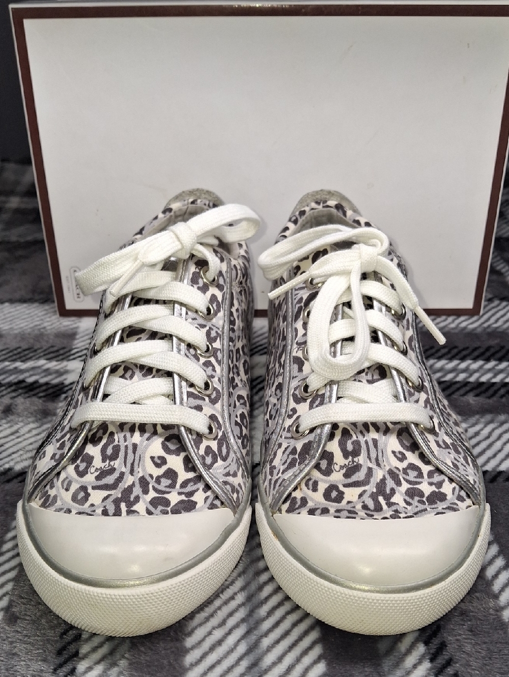 Vintage Coach Women's Leopard-Print Canvas Sneakers in White and Silver